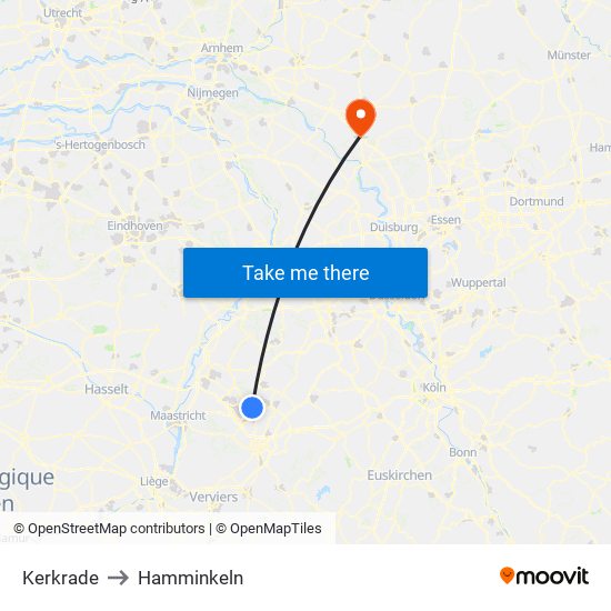 Kerkrade to Hamminkeln map