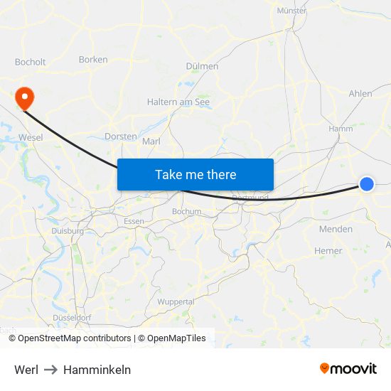 Werl to Hamminkeln map