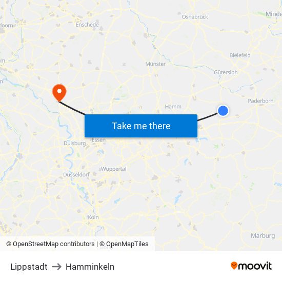 Lippstadt to Hamminkeln map