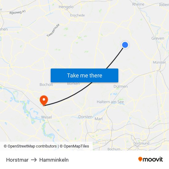 Horstmar to Hamminkeln map