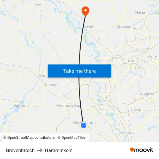 Grevenbroich to Hamminkeln map