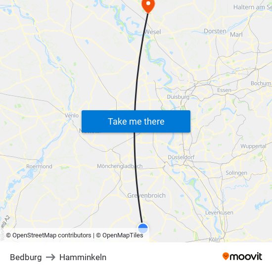 Bedburg to Hamminkeln map