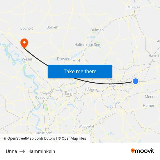 Unna to Hamminkeln map