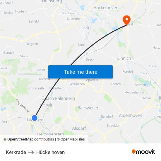 Kerkrade to Hückelhoven map