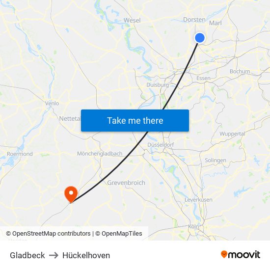 Gladbeck to Hückelhoven map