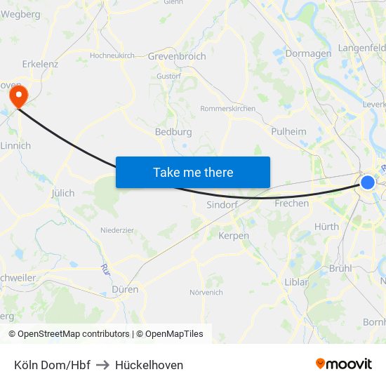 Köln Dom/Hbf to Hückelhoven map