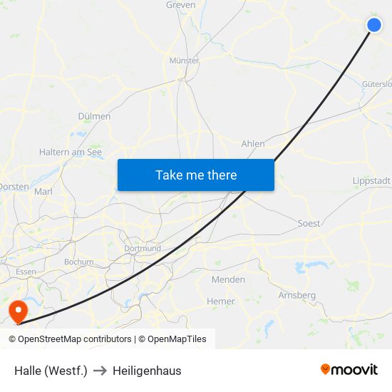 Halle (Westf.) to Heiligenhaus map