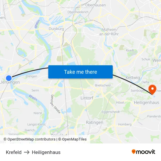 Krefeld to Heiligenhaus map