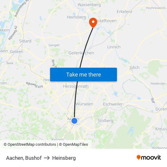 Aachen, Bushof to Heinsberg map