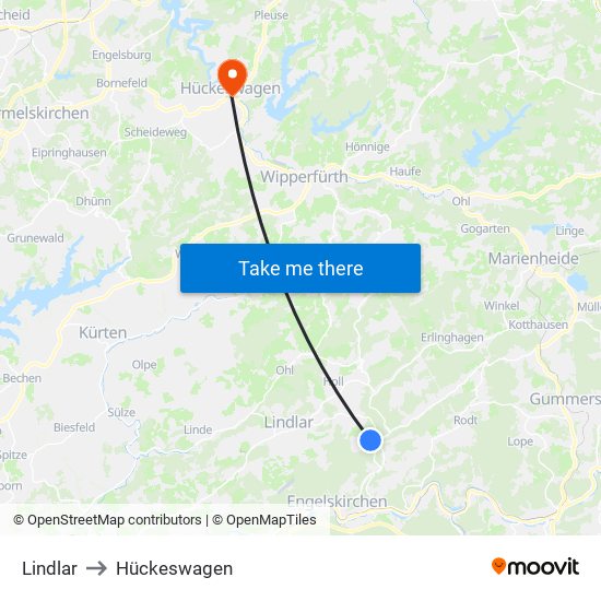 Lindlar to Hückeswagen map