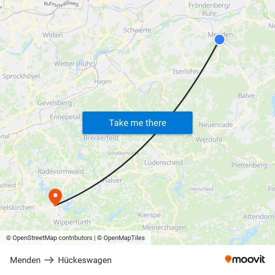 Menden to Hückeswagen map