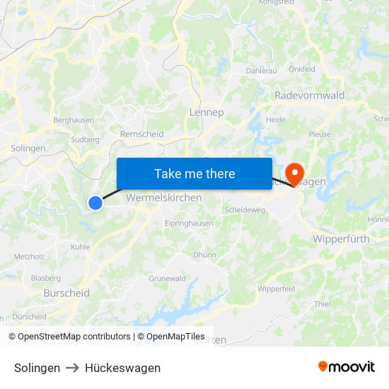 Solingen to Hückeswagen map