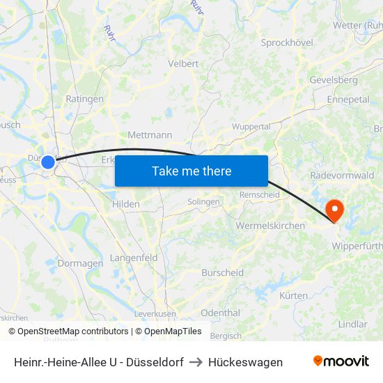 Heinr.-Heine-Allee U - Düsseldorf to Hückeswagen map