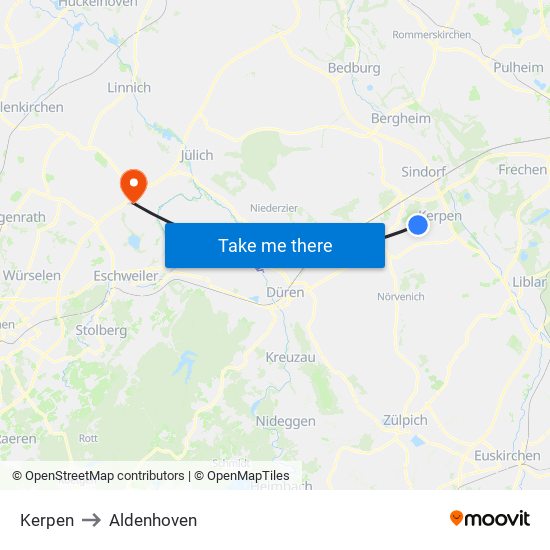 Kerpen to Aldenhoven map