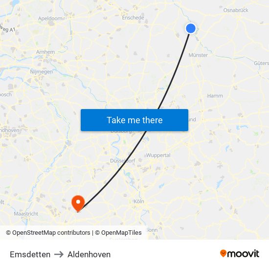 Emsdetten to Aldenhoven map