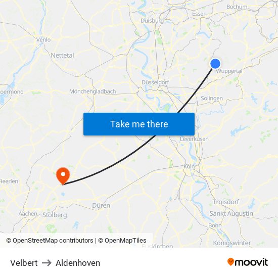 Velbert to Aldenhoven map