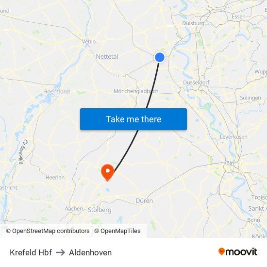 Krefeld Hbf to Aldenhoven map