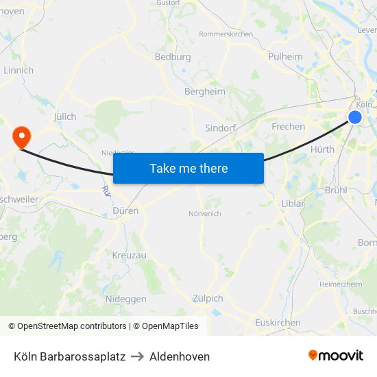 Köln Barbarossaplatz to Aldenhoven map