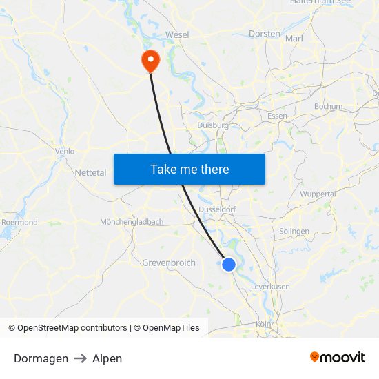 Dormagen to Alpen map