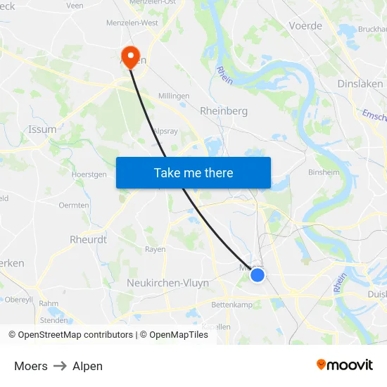 Moers to Alpen map