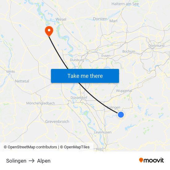 Solingen to Alpen map