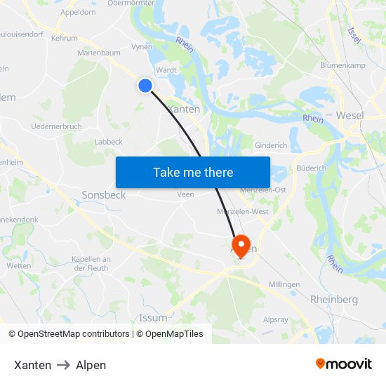 Xanten to Alpen map