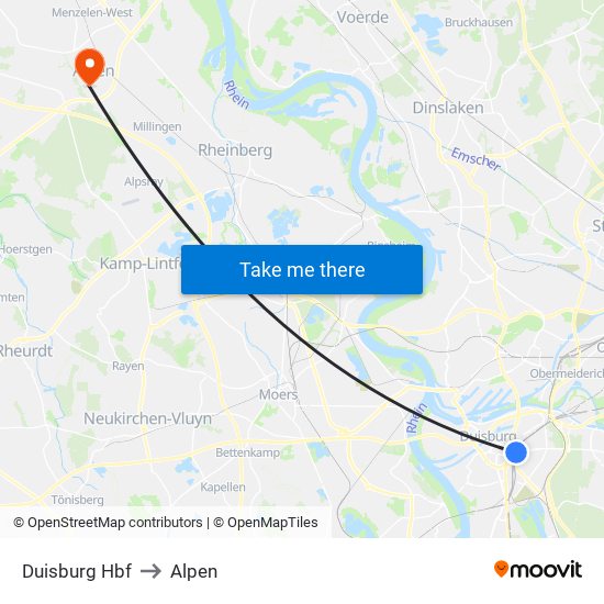 Duisburg Hbf to Alpen map