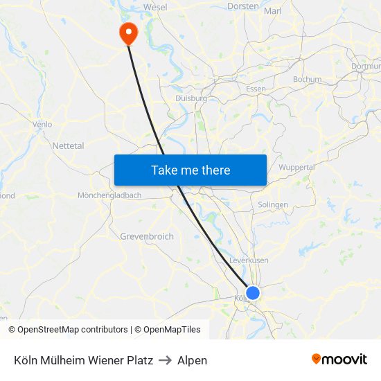 Köln Mülheim Wiener Platz to Alpen map