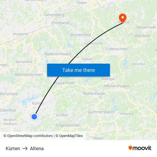 Kürten to Altena map