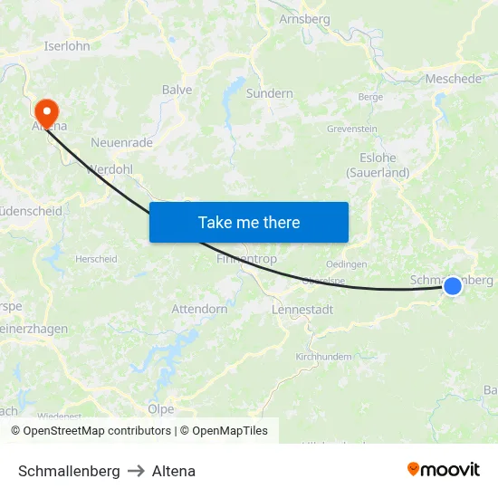 Schmallenberg to Altena map