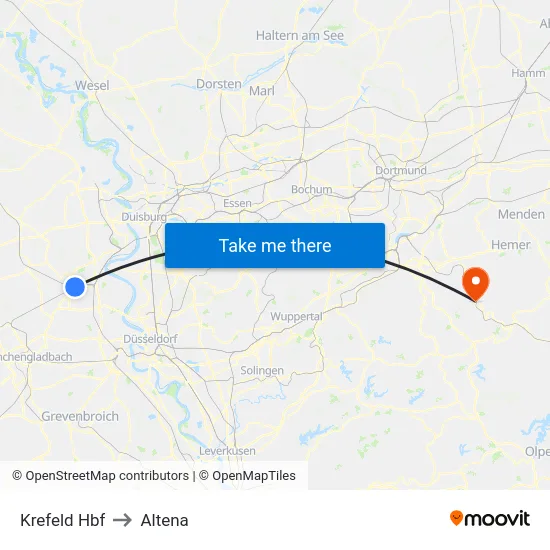 Krefeld Hbf to Altena map