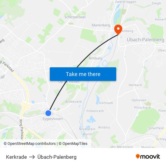 Kerkrade to Übach-Palenberg map