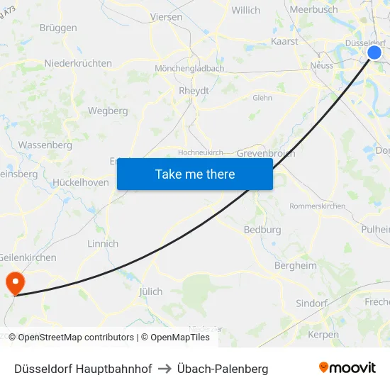 Düsseldorf Hauptbahnhof to Übach-Palenberg map