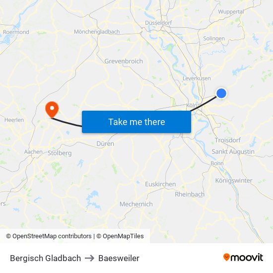 Bergisch Gladbach to Baesweiler map