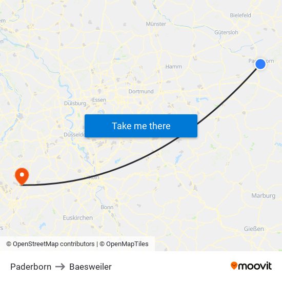 Paderborn to Baesweiler map