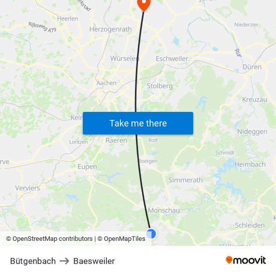 Bütgenbach to Baesweiler map