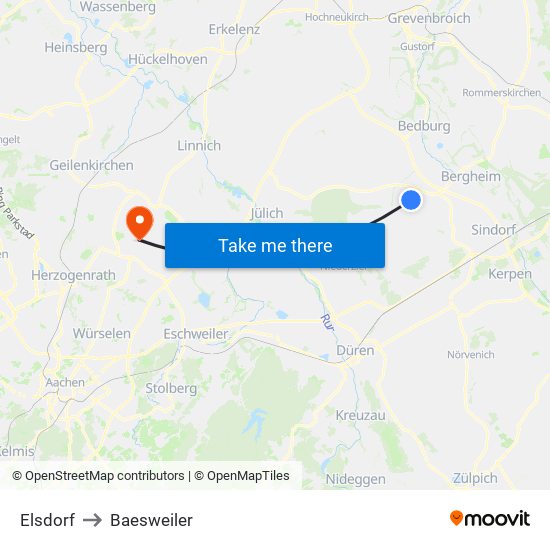 Elsdorf to Baesweiler map