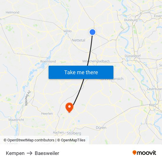 Kempen to Baesweiler map