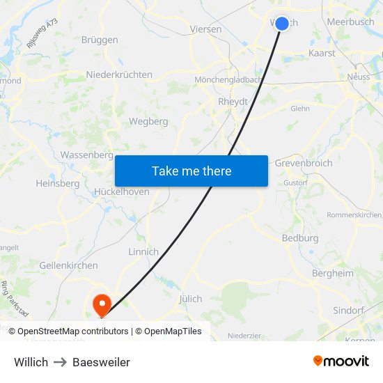 Willich to Baesweiler map