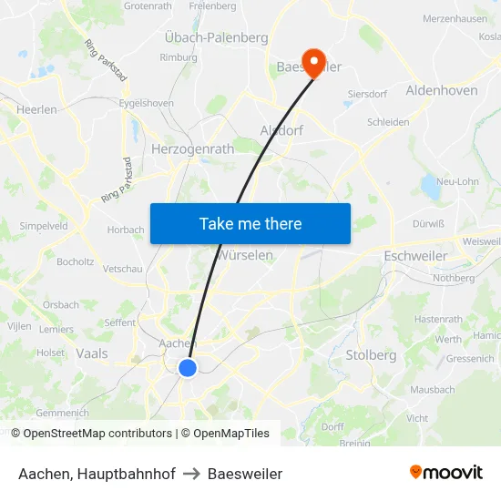 Aachen, Hauptbahnhof to Baesweiler map