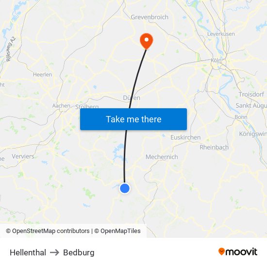 Hellenthal to Bedburg map