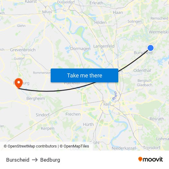 Burscheid to Bedburg map