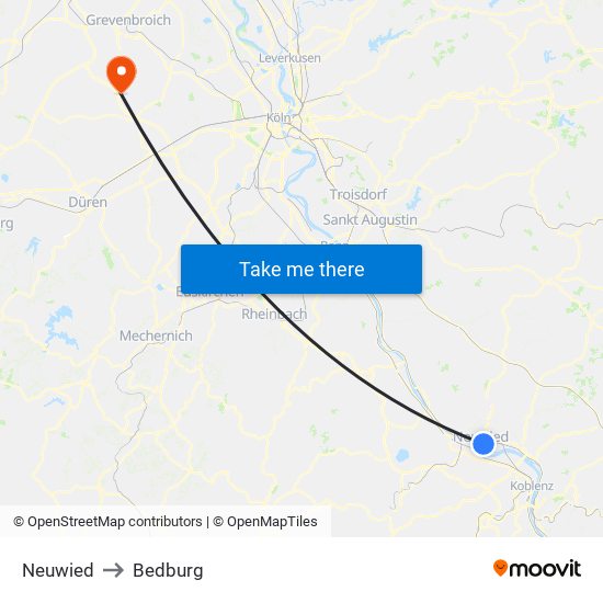 Neuwied to Bedburg map