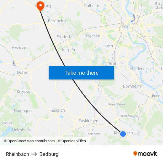 Rheinbach to Bedburg map
