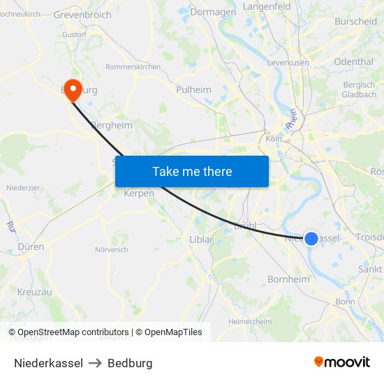 Niederkassel to Bedburg map