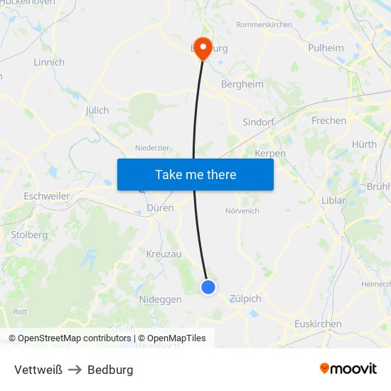 Vettweiß to Bedburg map