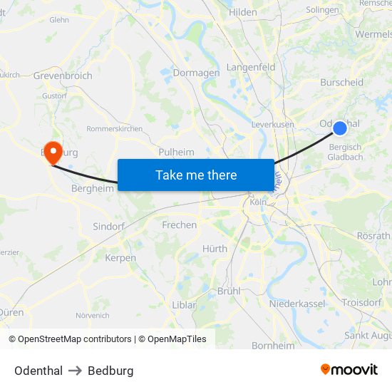 Odenthal to Bedburg map