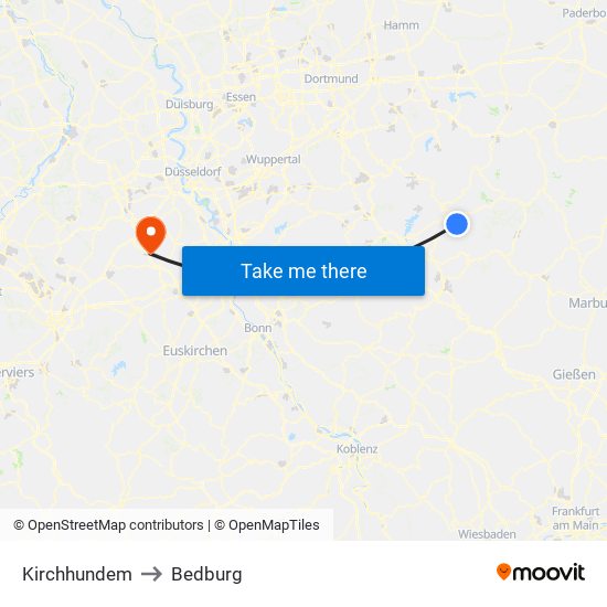 Kirchhundem to Bedburg map