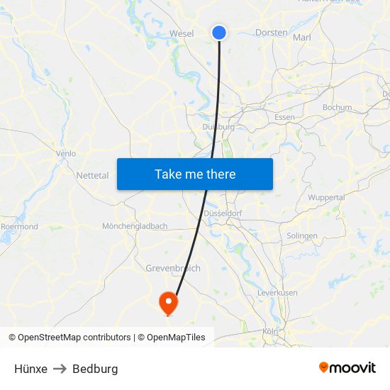 Hünxe to Bedburg map