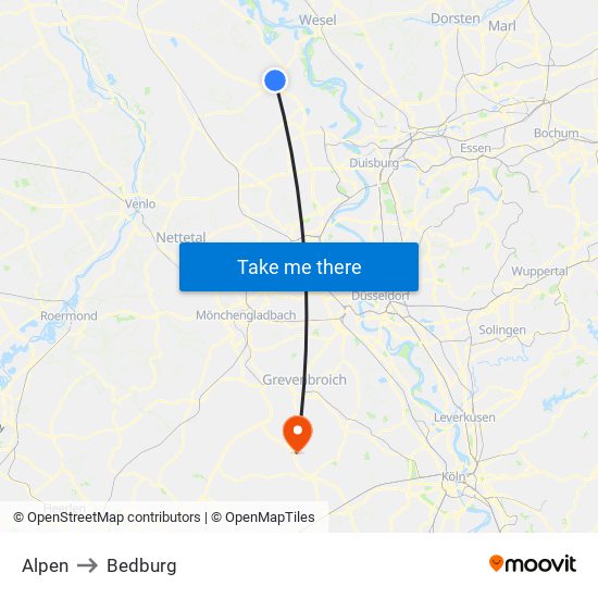 Alpen to Bedburg map